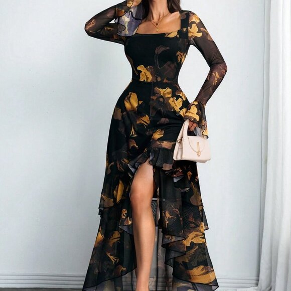 Multicolor Elegant Women's Sexy Romantic Ruffled Long Sleeve Dress - Picture 5 of 6